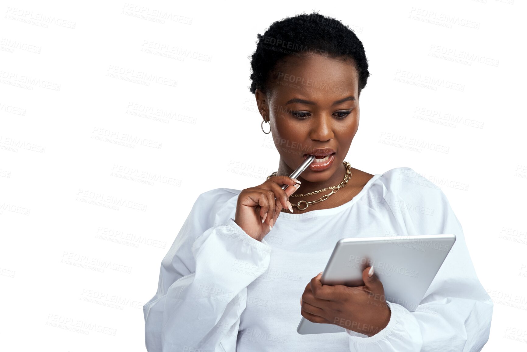 Buy stock photo Black woman, thinking and digital tablet for web design and inspiration on tech. African female, writing and isolated on a transparent, png background online on a social media app with creative idea