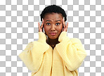 PNG shot of a young woman looking worried while posing against a grey background