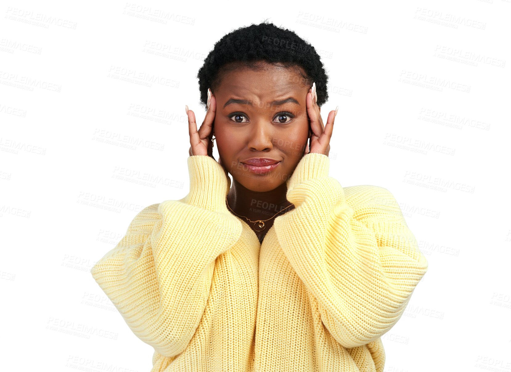 Buy stock photo Black woman, portrait and stress in anxiety or worry standing isolated on a transparent PNG background. Face of anxious African female person in shock, surprise or mental health problems and issues