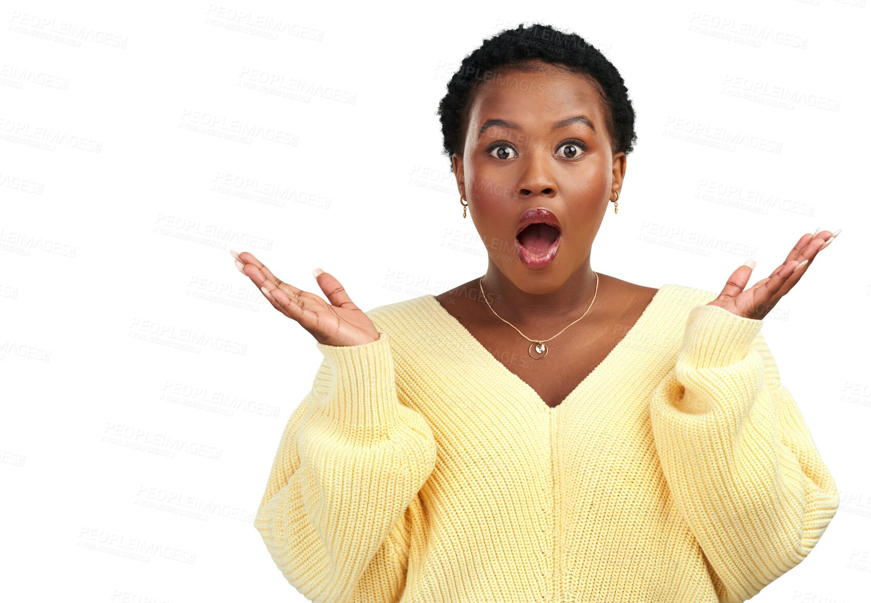 Buy stock photo Wow, woman and portrait from shock and choice from advertising announcement and deal. Happy, African female person and open hands isolated on a transparent, png background with surprise from sale