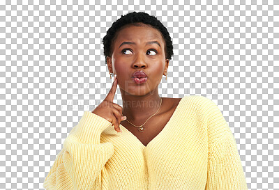 Buy stock photo Decision, ideas and black woman thinking, opportunity and girl isolated against a transparent background. Female person, lady and model with thoughts, solution and problem solving with png and choice