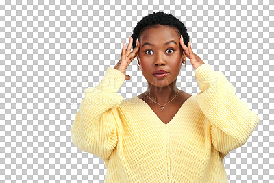 Buy stock photo Isolated African woman, stress and portrait with mental health, worry or anxiety by transparent png background. Young student girl, frustrated face and overwhelmed with problem, mistake or fail exam
