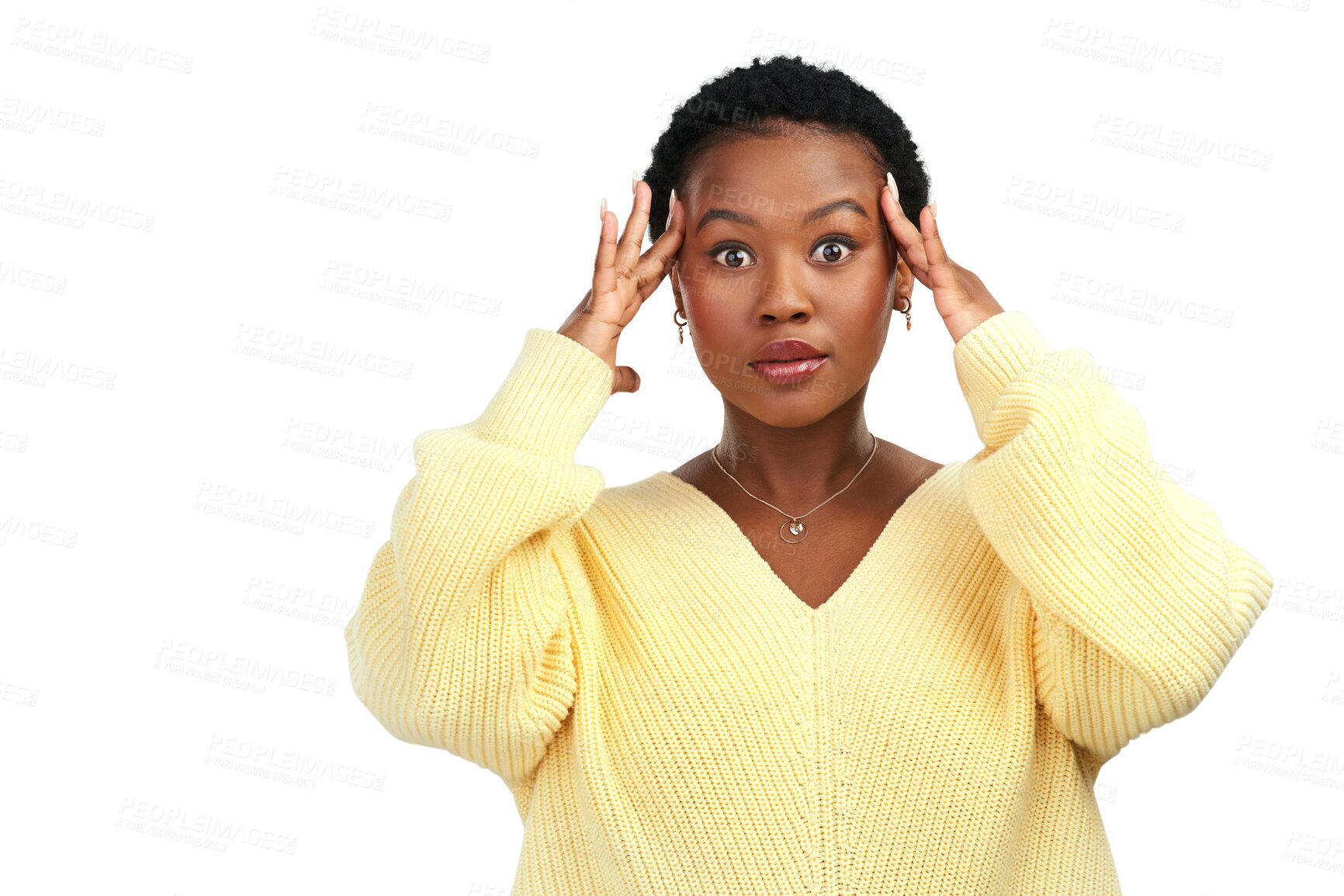 Buy stock photo Isolated African woman, stress and portrait with mental health, worry or anxiety by transparent png background. Young student girl, frustrated face and overwhelmed with problem, mistake or fail exam