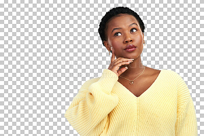 Buy stock photo Solution, thinking or black woman with ideas, opportunity or girl isolated on a transparent background. Female person, lady or model with problem solving, decision or png with brainstorming or choice