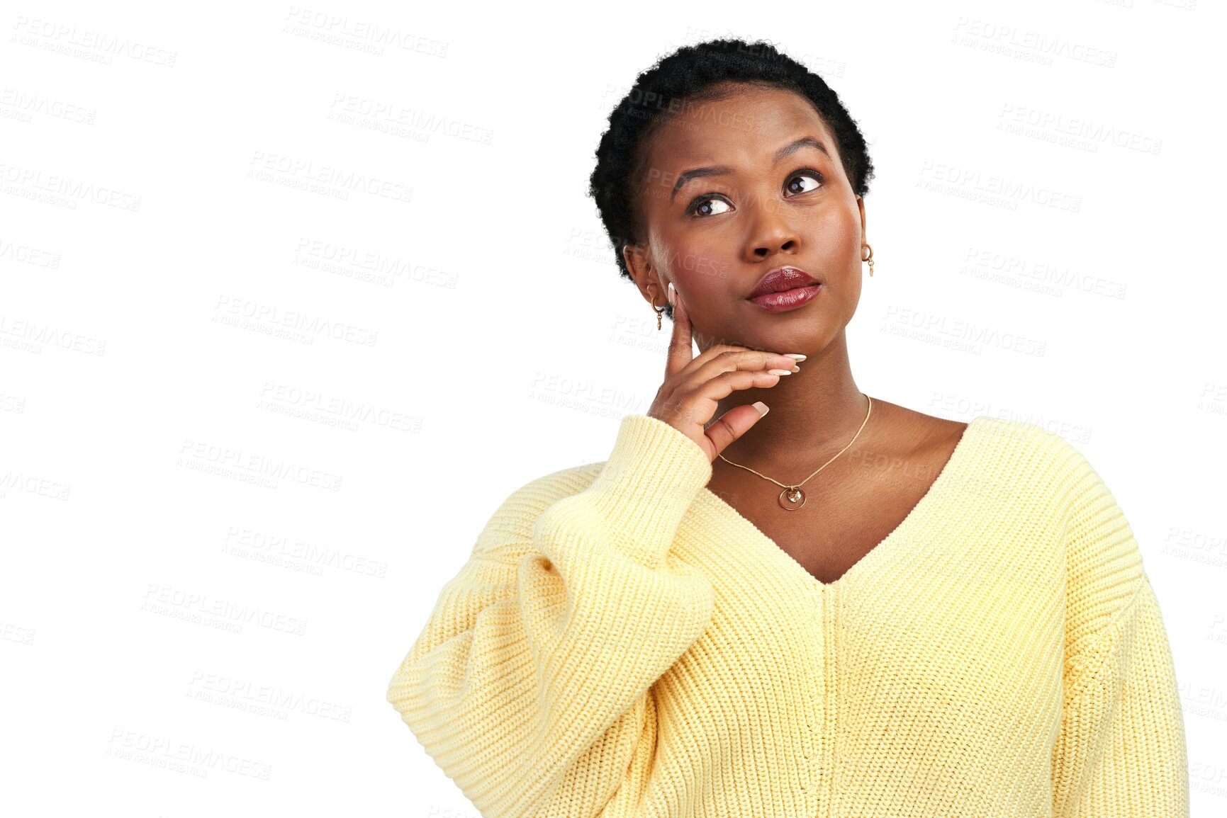 Buy stock photo Solution, thinking or black woman with ideas, opportunity or girl isolated on a transparent background. Female person, lady or model with problem solving, decision or png with brainstorming or choice