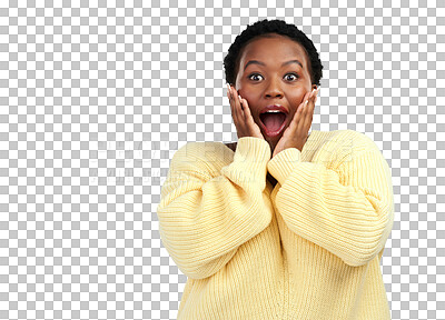 Buy stock photo Excited, woman and wow portrait from shock and smile at good news and announcement. Happy, African female person and hands to face isolated on a transparent, png background with surprise and joy