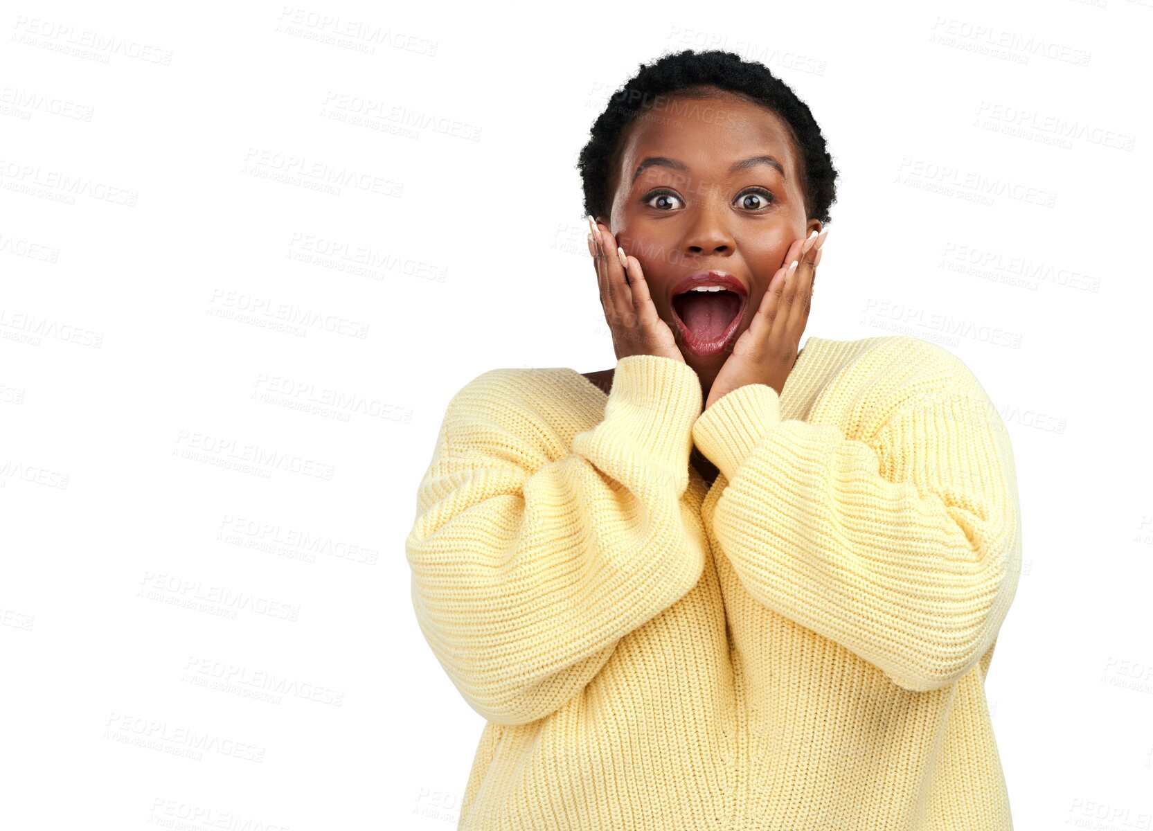 Buy stock photo Excited, woman and wow portrait from shock and smile at good news and announcement. Happy, African female person and hands to face isolated on a transparent, png background with surprise and joy