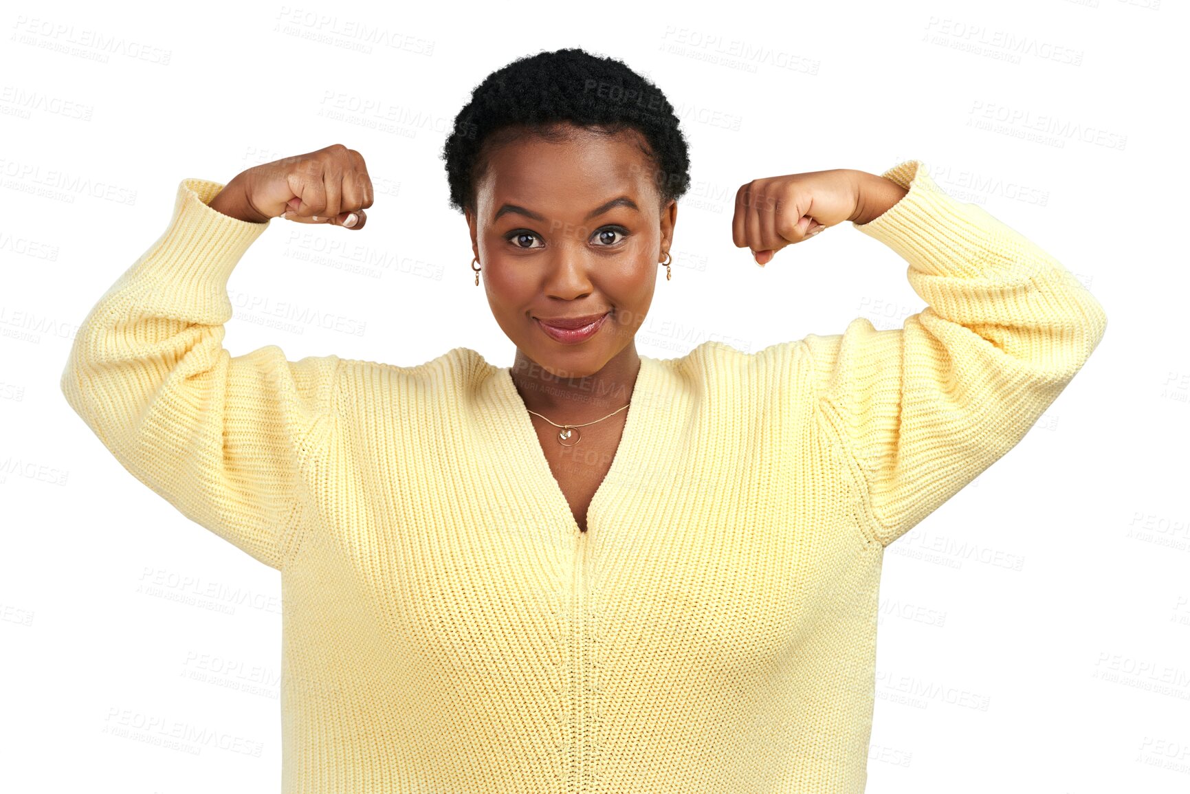 Buy stock photo Happy black woman, portrait and arm flex in confidence isolated on a transparent PNG background. Confident African female person or model flexing arms in casual fashion, pride and proud empowerment