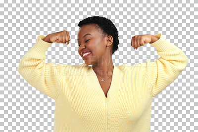 Buy stock photo Smile, empowerment and black woman flexing, gen z and confident model isolated against a transparent background. Female person, girl or flex arms with happiness, strong and power with png or strength