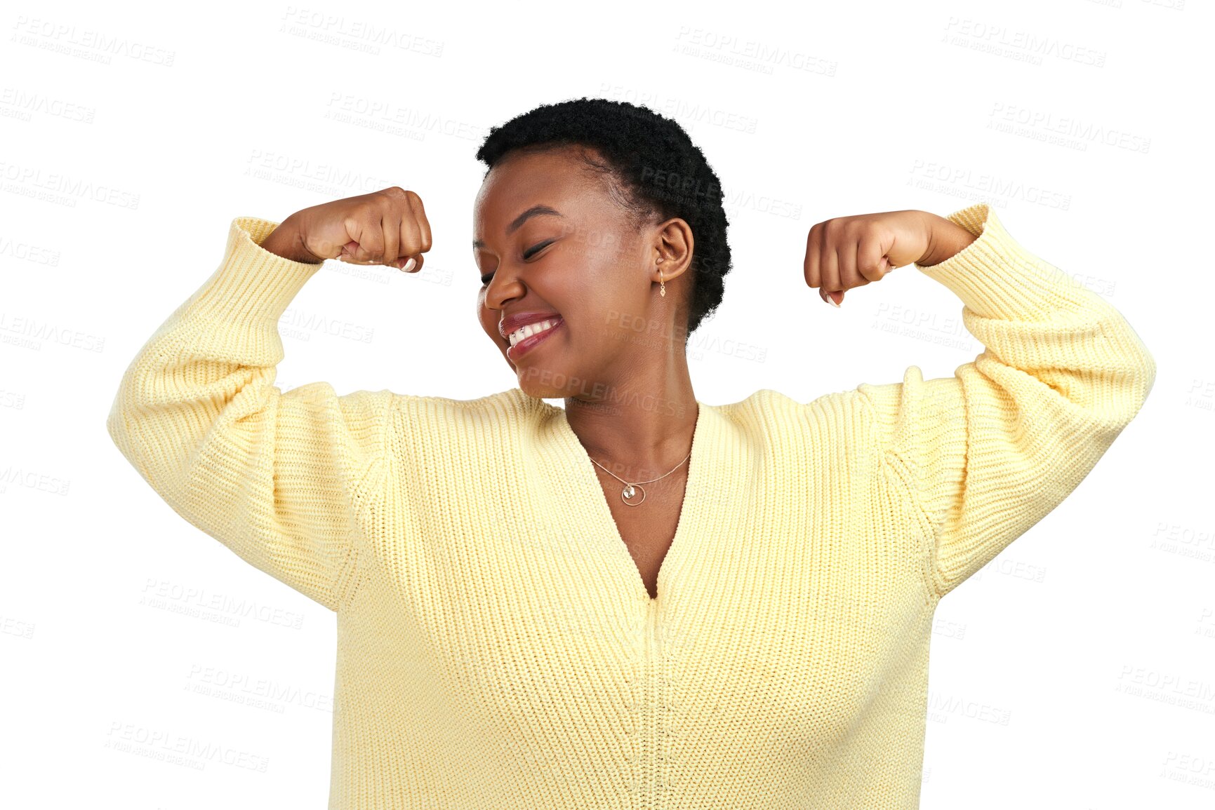 Buy stock photo Smile, empowerment and black woman flexing, gen z and confident model isolated against a transparent background. Female person, girl or flex arms with happiness, strong and power with png or strength