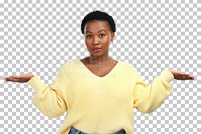 Buy stock photo Woman portrait, hands and choice with open palm for deal, suggestion and options. Young, African female person and hands with decision and balance scale isolated on a transparent, png background