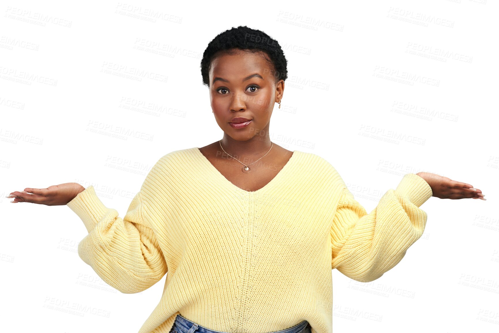 Buy stock photo Woman portrait, hands and choice with open palm for deal, suggestion and options. Young, African female person and hands with decision and balance scale isolated on a transparent, png background