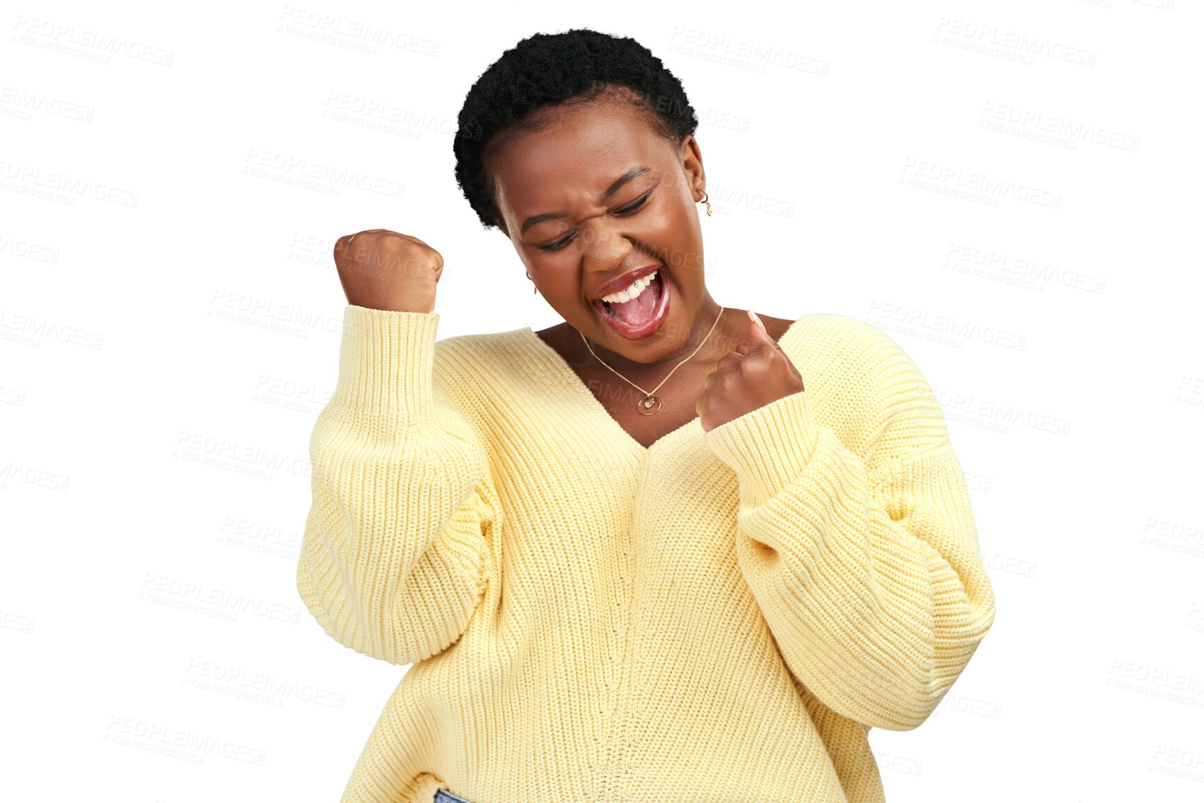 Buy stock photo Yes, celebration cheers and fist of woman from winning isolated on a transparent, png background. African female person, smile and happy winner with motivation, proud and feeling excited to celebrate