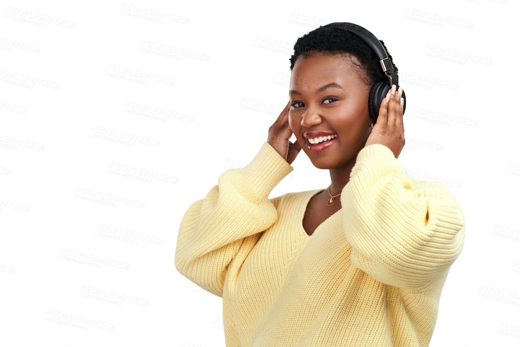 Buy stock photo Woman, headphones portrait and smile with music isolated on a transparent, png background. Young, African female person and happy with web audio, confidence and radio listening and streaming song