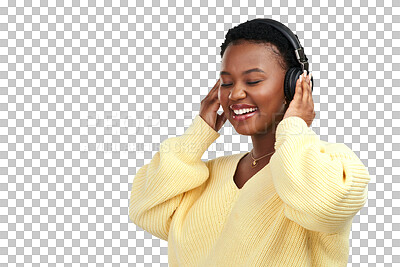 Buy stock photo Happy black woman, headphones and listening to music isolated on a transparent PNG background. African female person smiling, enjoying or streaming audio, sound track or songs in happiness on headset