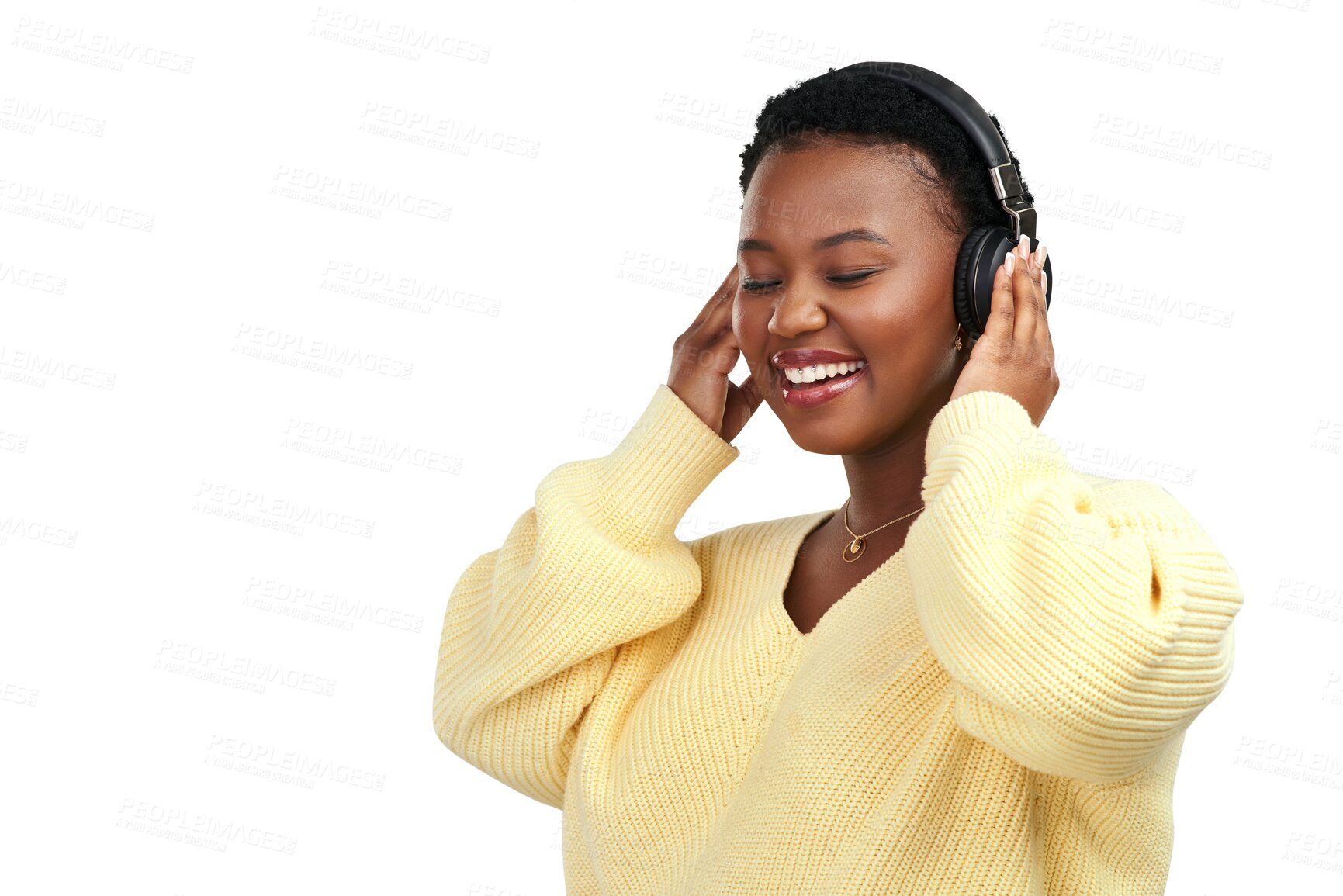 Buy stock photo Happy black woman, headphones and listening to music isolated on a transparent PNG background. African female person smiling, enjoying or streaming audio, sound track or songs in happiness on headset