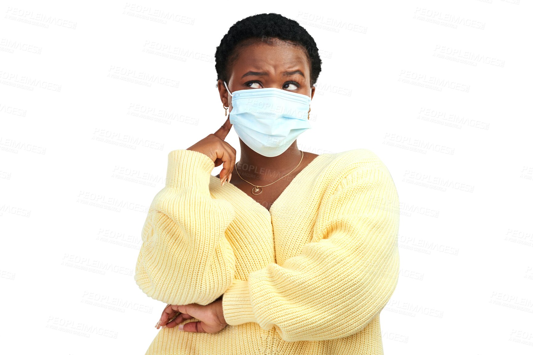 Buy stock photo Confused, doubt and black woman with a surgical mask, thinking and girl isolated against a transparent background. Face cover, female person and model with idea, problem solving and png with decision