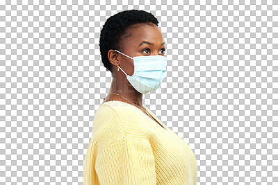 Buy stock photo Face mask, virus and black woman thinking of safety and protection isolated in a transparent or png background. Casual, covid and young female person in compliance with security policy for bacteria 