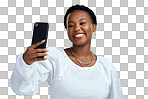 PNG shot of a beautiful young woman taking a selfie while posing against a grey background