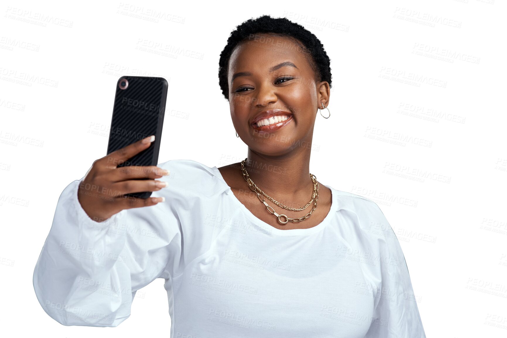 Buy stock photo Happy black woman, smile and selfie for profile picture or photo isolated on a transparent PNG background. African female person smiling in happiness for memory, vlog or online social media post