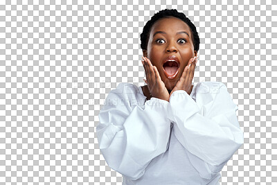 Buy stock photo Black woman, portrait and surprise for good news or giveaway isolated on a transparent PNG background. Surprised and excited African female person in shock for winning lottery, sale or discount deal