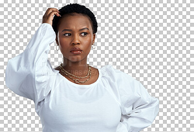 Buy stock photo Thinking, confused and black woman with doubt, decision and model isolated against a transparent background. Female person, girl or solution with png, frustrated or ideas with brainstorming or choice