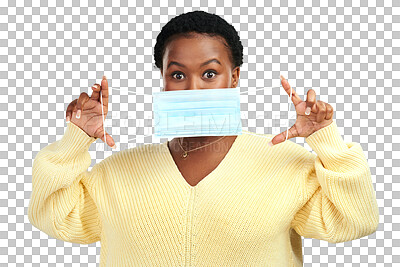 Buy stock photo Virus safety, woman face mask and portrait with sickness protection and health danger, African female person, prevention and recovery gear isolated on a transparent, png background with wellness