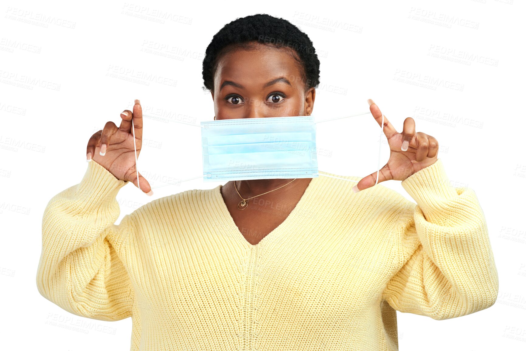 Buy stock photo Virus safety, woman face mask and portrait with sickness protection and health danger, African female person, prevention and recovery gear isolated on a transparent, png background with wellness