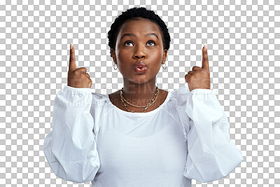 Buy stock photo Woman, pointing up and kiss for sale, promo suggestion and advertising. African female person, happy surprise and sale choice isolated on a transparent, png background showing deal announcement