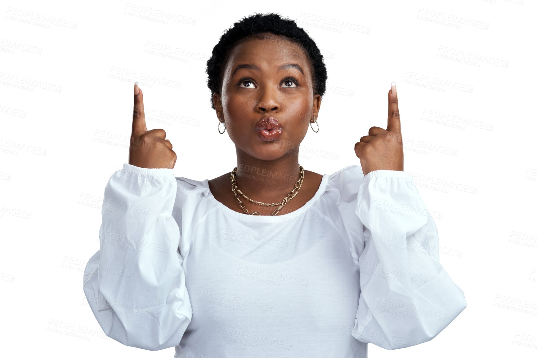 Buy stock photo Woman, pointing up and kiss for sale, promo suggestion and advertising. African female person, happy surprise and sale choice isolated on a transparent, png background showing deal announcement