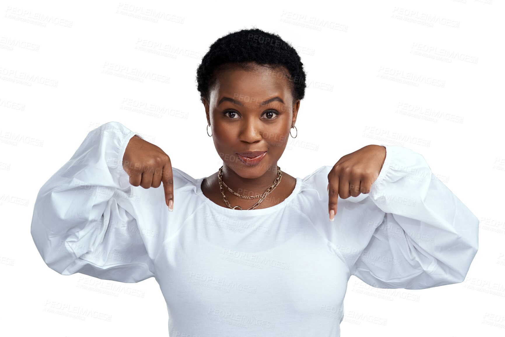 Buy stock photo Portrait, pointing down and black woman with decision, promotion and girl isolated against a transparent background. Female person, lady or model with hand gesture, suggestion or png with opportunity