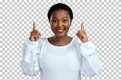 Buy stock photo Woman, pointing up portrait and smile for promo, sale suggestion and advertising. African female person, happy and sale choice isolated on a transparent, png background showing deal announcement