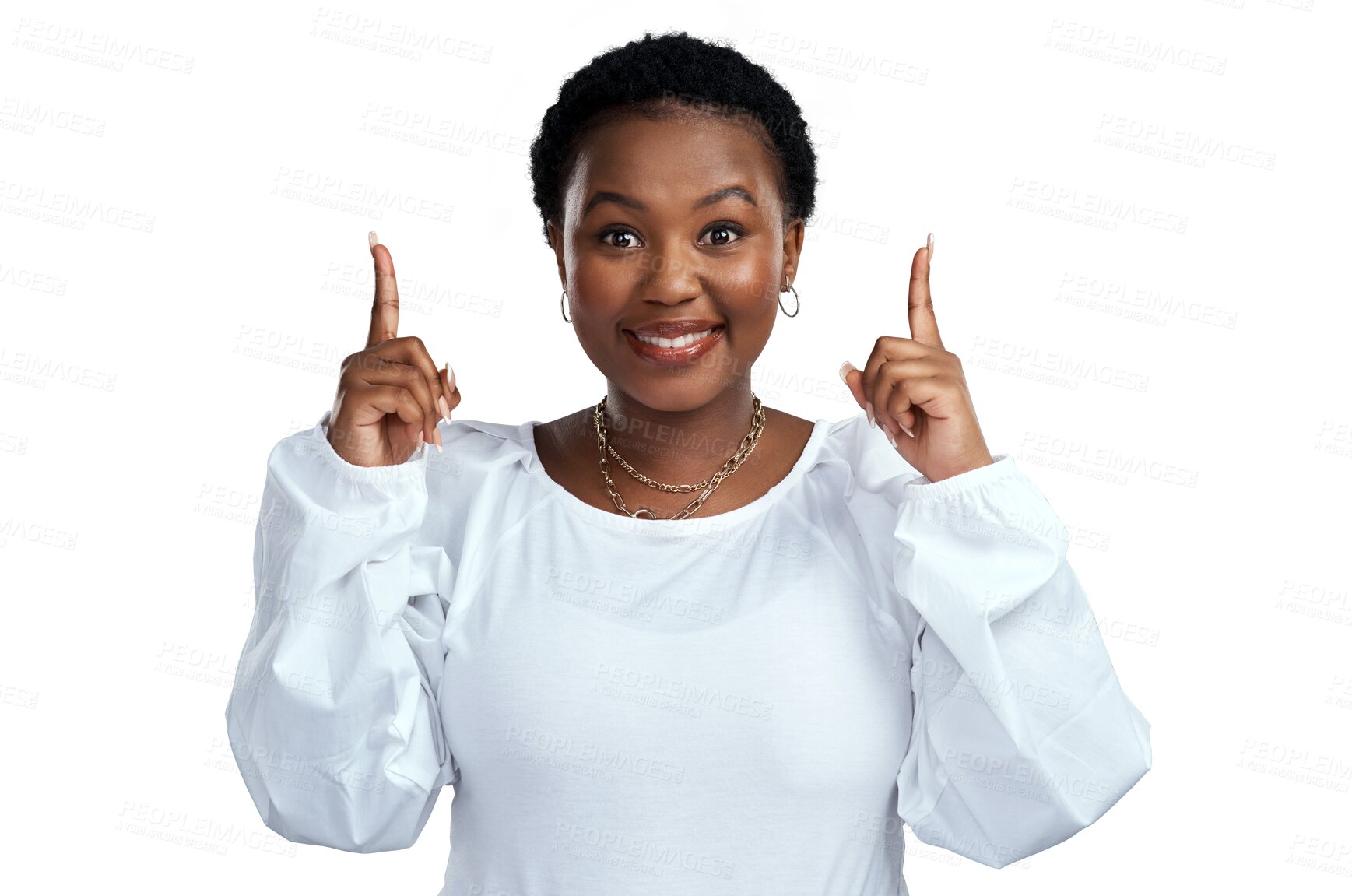 Buy stock photo Woman, pointing up portrait and smile for promo, sale suggestion and advertising. African female person, happy and sale choice isolated on a transparent, png background showing deal announcement