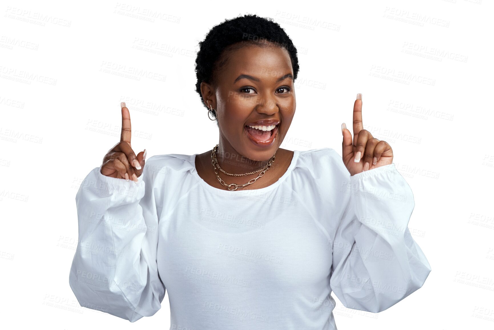 Buy stock photo Woman portrait, hands pointing up and smile for deal, promo suggestion and advertising. African female person, happy and sale choice isolated on a transparent, png background showing announcement