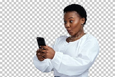 Buy stock photo Black woman, phone and surprise for winning, sale or discount isolated on a transparent PNG background. Surprised African female person in shock for bonus, deal or promotion on mobile smartphone app