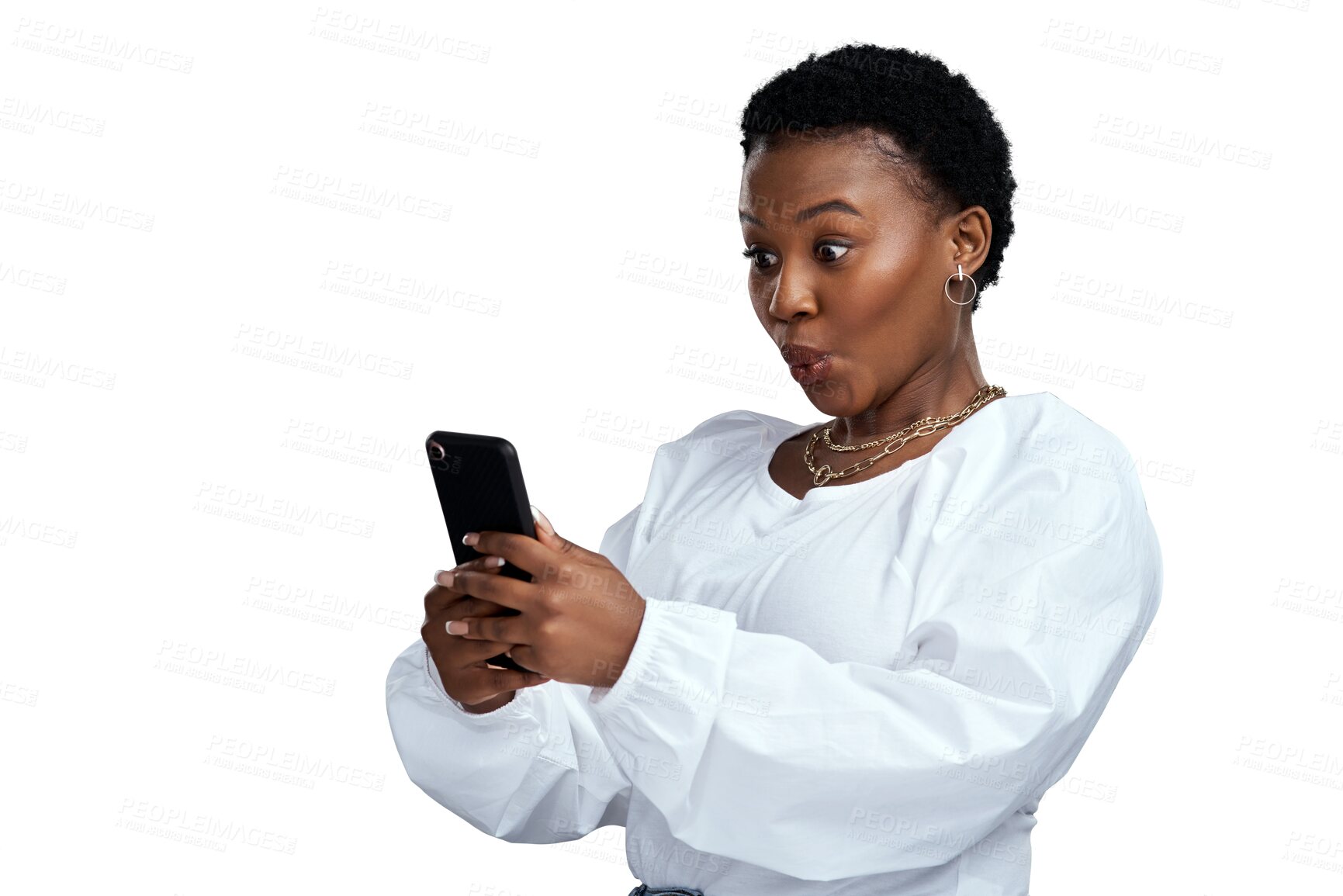 Buy stock photo Black woman, phone and surprise for winning, sale or discount isolated on a transparent PNG background. Surprised African female person in shock for bonus, deal or promotion on mobile smartphone app