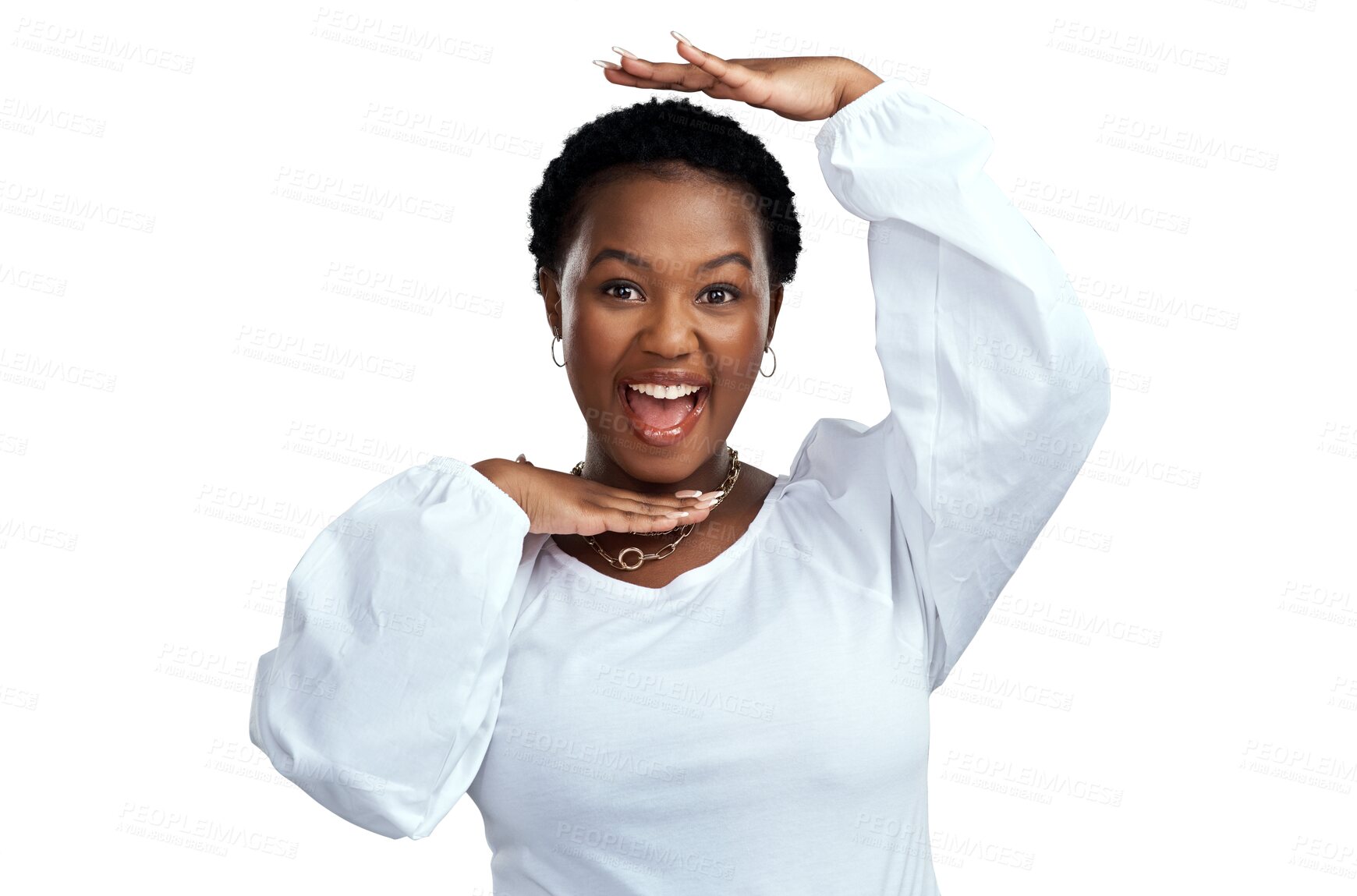 Buy stock photo Happy black woman, portrait and hands in frame standing isolated on a transparent PNG background. African female person with smile and hand framing face in success or celebration for perfect picture