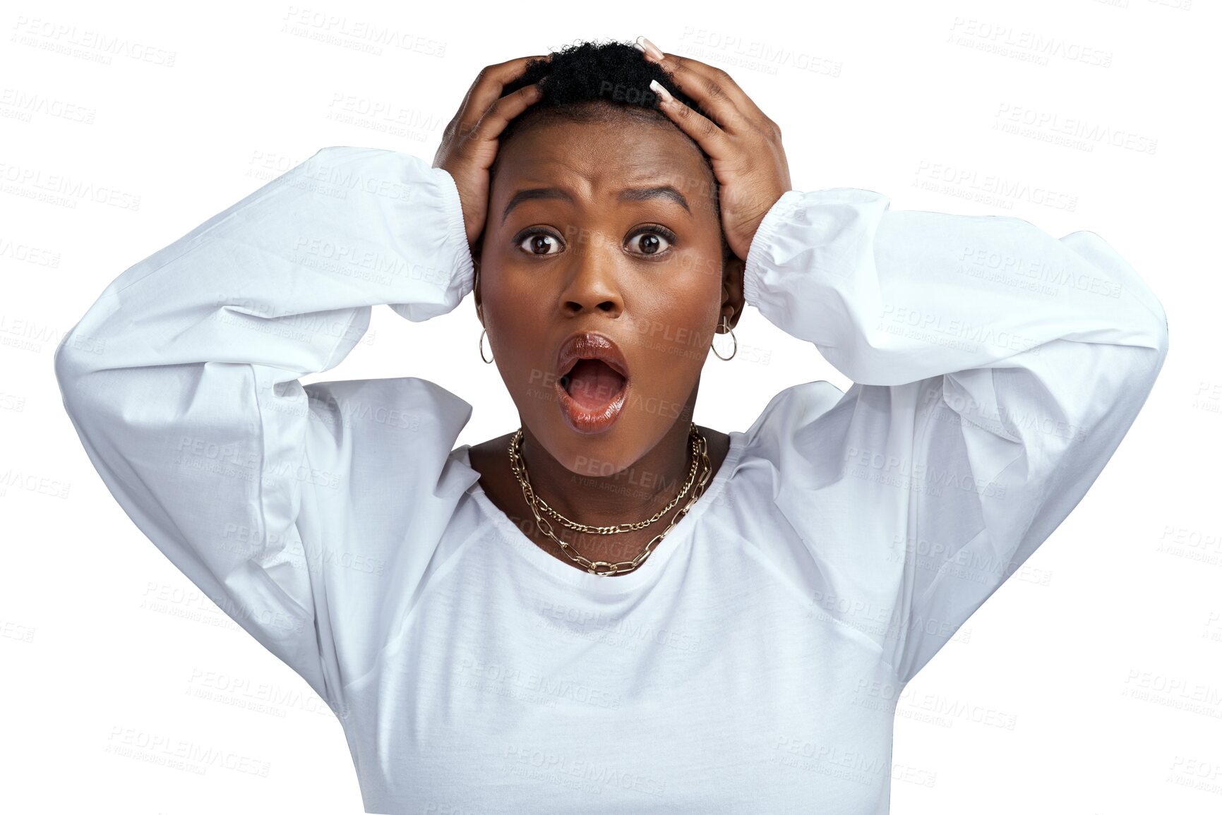 Buy stock photo Black woman, portrait and anxiety in shock or worry standing isolated on a transparent PNG background. Face of anxious African female person in stress, surprise or mental health problems and issues