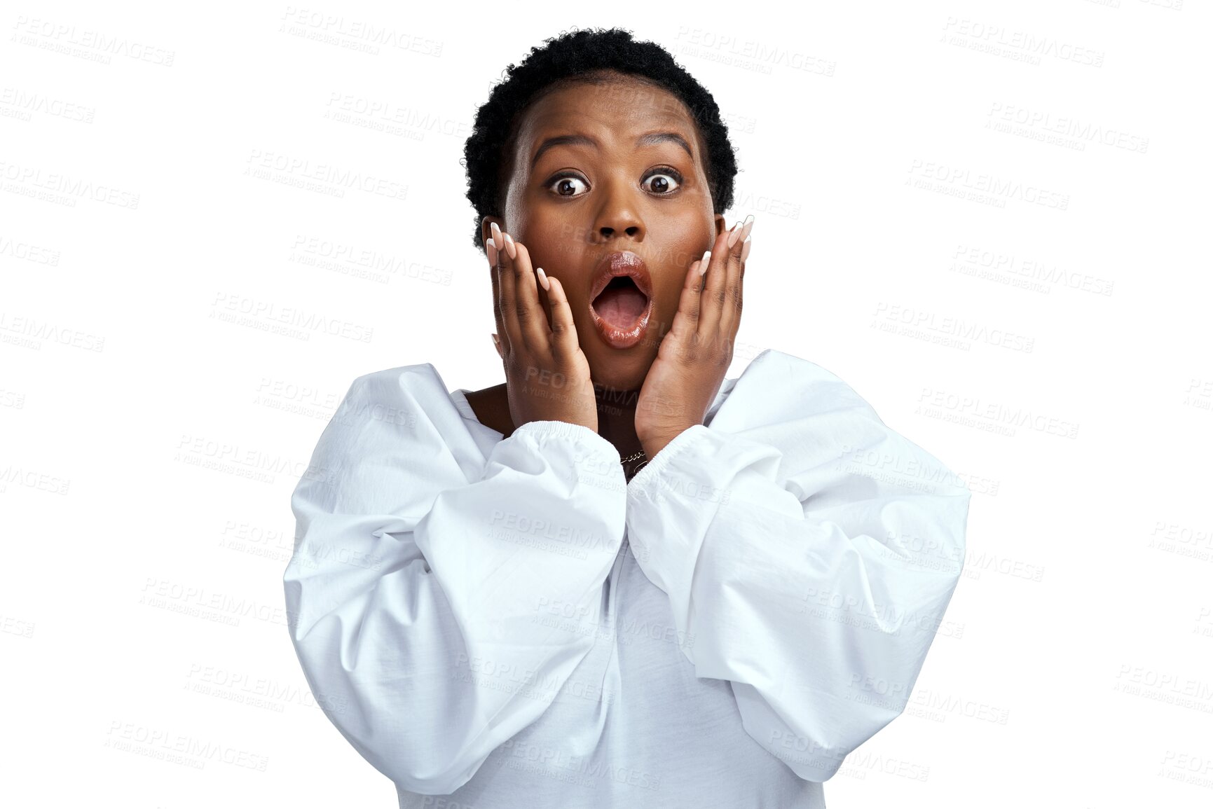 Buy stock photo Black woman, portrait and stress in shock or worry standing isolated on a transparent PNG background. Face of anxious African female person in anxiety, surprise or mental health problems and issues