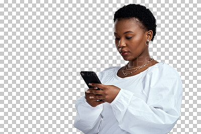 Buy stock photo Black woman, phone and typing for online networking or social media isolated on a transparent PNG background. African female person texting or chatting on mobile smartphone app for communication