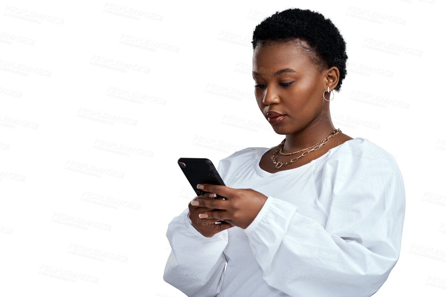 Buy stock photo Black woman, phone and typing for online networking or social media isolated on a transparent PNG background. African female person texting or chatting on mobile smartphone app for communication