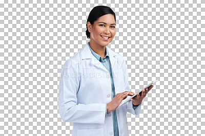 Buy stock photo Portrait, research and woman with a tablet, medical or employee isolated against a transparent background. Female person, scientist or consultant with technology, connection or data analysis with png