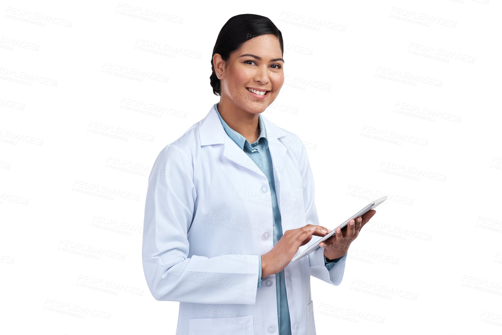 Buy stock photo Portrait, research and woman with a tablet, medical or employee isolated against a transparent background. Female person, scientist or consultant with technology, connection or data analysis with png