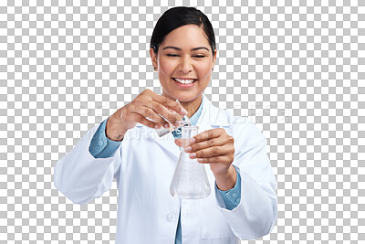 Buy stock photo Science, experiment and woman with research, medical or employee isolated on a transparent background. Female person, researcher or scientist with test tubes, scientific discovery or png with results