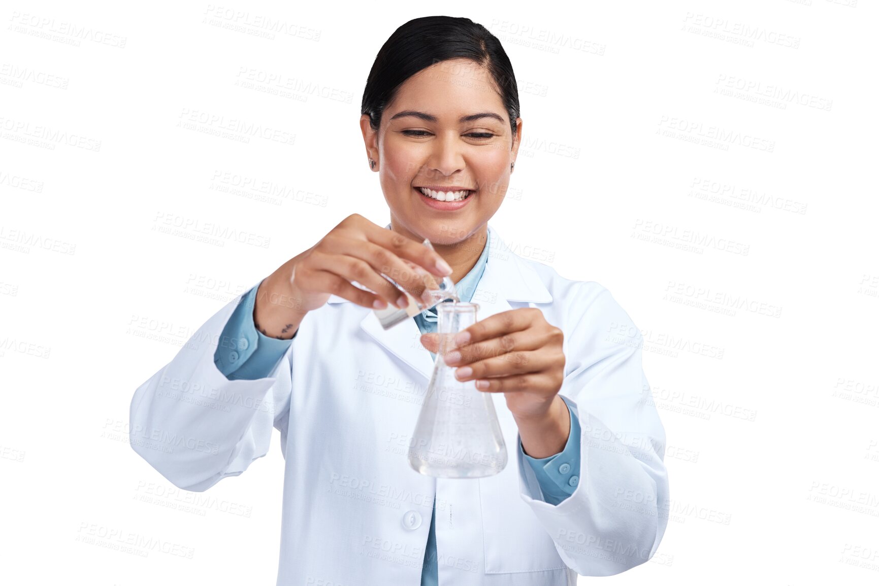 Buy stock photo Science, experiment and woman with research, medical or employee isolated on a transparent background. Female person, researcher or scientist with test tubes, scientific discovery or png with results