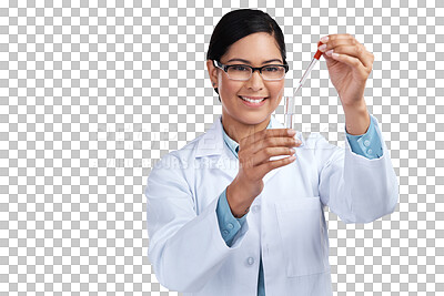 Buy stock photo Smile, research or woman with test tube, medical innovation or chemistry isolated on a transparent background. Female person, medicine or researcher with discovery, science or lab equipment with png