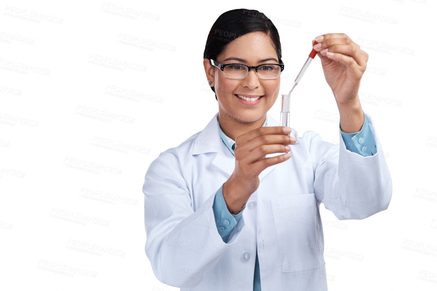 Buy stock photo Smile, research or woman with test tube, medical innovation or chemistry isolated on a transparent background. Female person, medicine or researcher with discovery, science or lab equipment with png