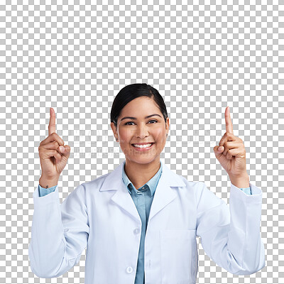 Buy stock photo Portrait, medical and woman with science, pointing up and employee isolated on a transparent background. Face, female person and scientist with hand gesture, decision and research with png and choice