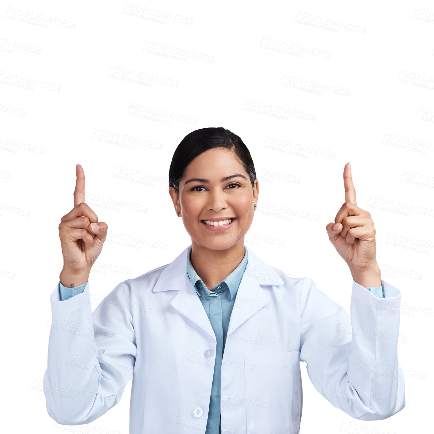 Buy stock photo Portrait, medical and woman with science, pointing up and employee isolated on a transparent background. Face, female person and scientist with hand gesture, decision and research with png and choice