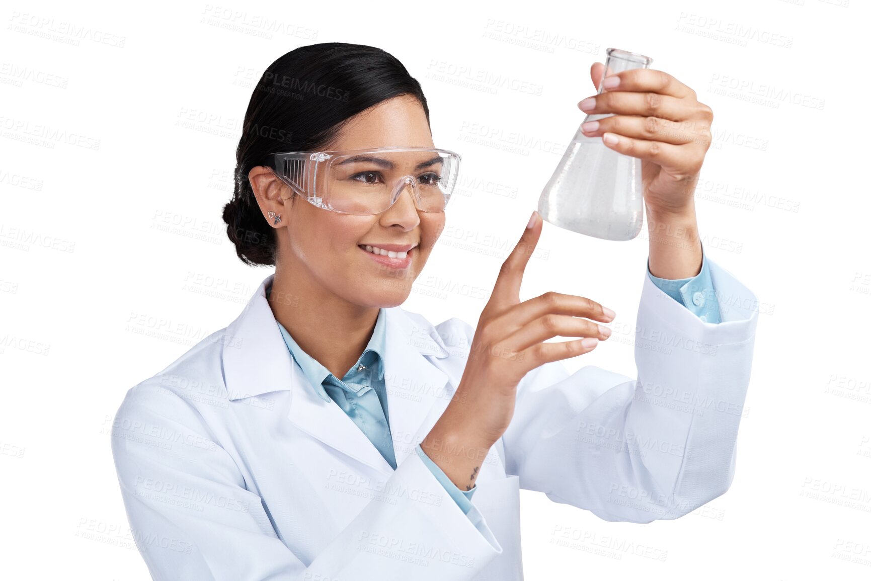 Buy stock photo Science, research and medical with woman and beaker on transparent background for medicine, pharmacy or future. Expert, chemical and healthcare with scientist isolated on png for vaccine and sample